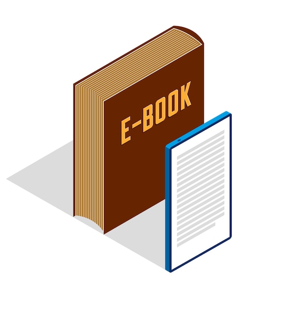 Концепция электронной книги с сотовым гаджетом, трехмерный изометрический векторный дизайн, онлайн-чтение, книжный веб-архив, электронная книга.