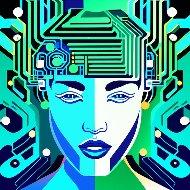 Вектор Электронные платы зеленого и синего цвета образуют форму человеческого лица