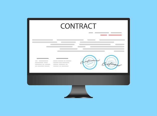 Электронный контракт или концепция цифровой подписи в векторной иллюстрации Онлайн-подпись документа экоконтракта через настольный ПК Веб-сайт или шаблон макета веб-страницы