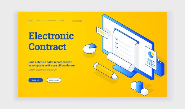 電子契約。 webバナーの説明とリンクボタンの近くのビジネスのための電子法務契約とコンピューターモニターのベクトルイラスト。アイソメトリックwebバナー、ランディングページテンプレート