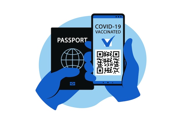 전자 Covid-19 여권 개념. 전염병 동안 안전한 여행을 위해 휴대전화의 Qr 코드를 사용하여 예방 접종을 받은 사람. 벡터 일러스트 레이 션. 평평한.