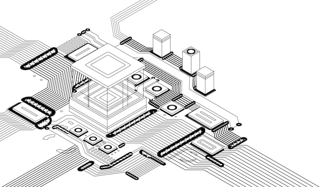 電子cpuデジタルチップモノクロプロセッサおよびマザーボードまたは回路基板上の電子部品マイクロチップまたはマイクロプロセッサハードウェアエンジニアリングaiブロックチェーンテクノロジアイソメトリック