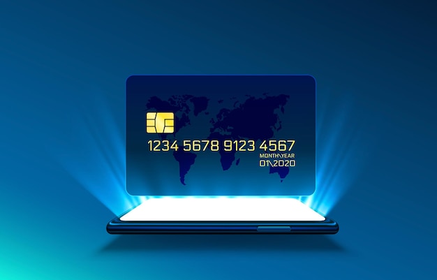 Electronic credit card and phone, finance technology, isolated on blue.