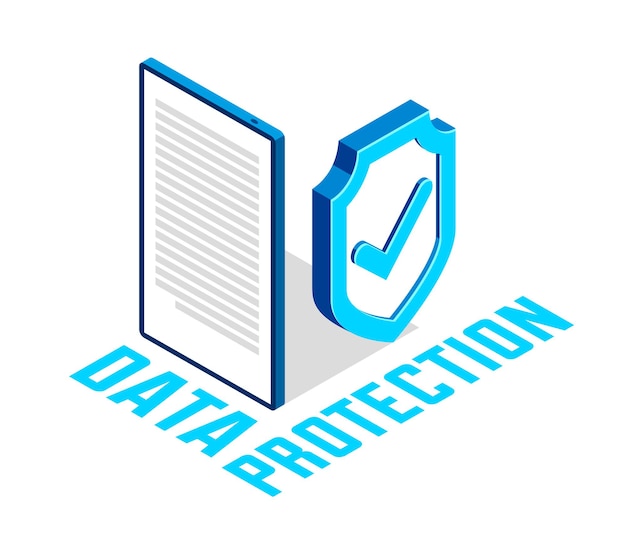 전자 데이터 보호 및 사이버 보안 벡터 아이소메트릭 개념 설명, 흰색, 모바일 앱 바이러스 백신 인터넷 사기 보호 개인 정보에 격리.