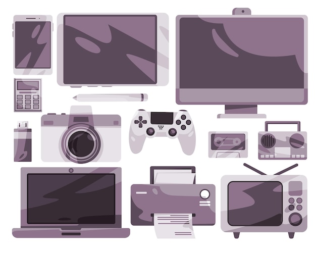 Вектор Иллюстрация коллекции предметов игры для электронных устройств, ноутбуков, радиокасет