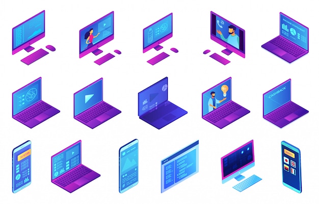 Vector electronic devices isometric 3d illustration set.