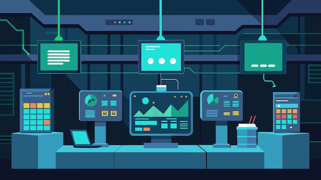 Display elettronici e monitor si allineano sulle pareti di una microfabbrica, una testimonianza dell'avanzato