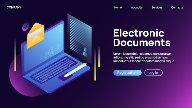 Служба электронных документов Creative Landing Website Page Vector illustration