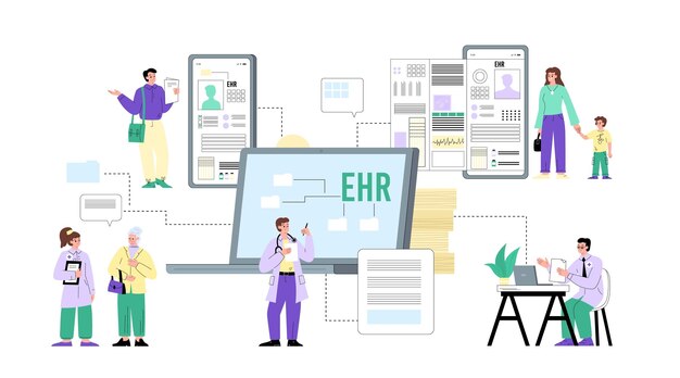 Electronic health records infographic with laptop and smartphones flat vector illustration on white