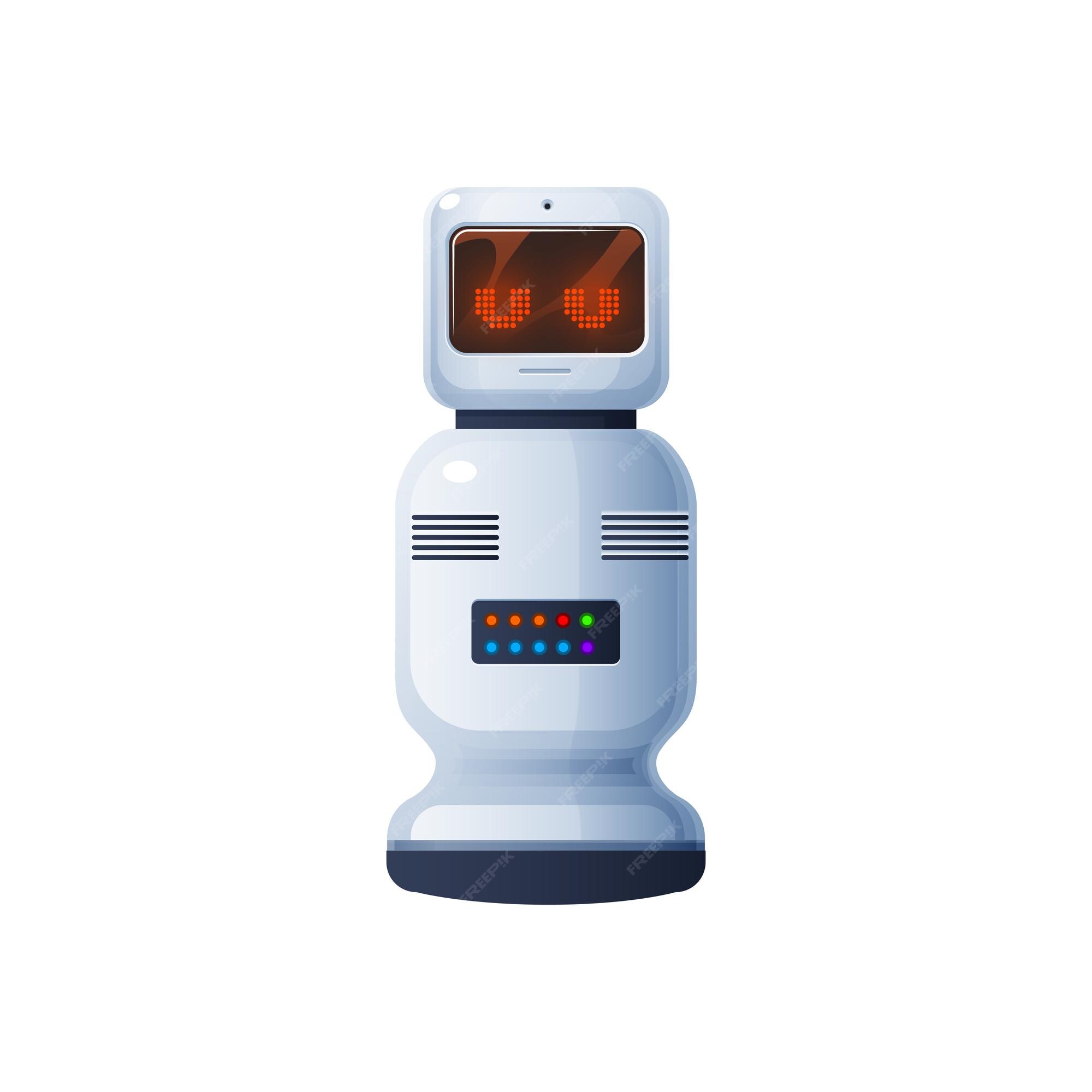 Premium Vector | Electronic humanoid isolated robot with display on head and panel interface on body vector robotic house assistant with artificial intelligence technology future robot cartoon character cute cyborg Premium Vector | Electronic humanoid isolated robot with display on head and panel interface on body vector robotic house assistant with artificial intelligence technology future robot cartoon character cute cyborg