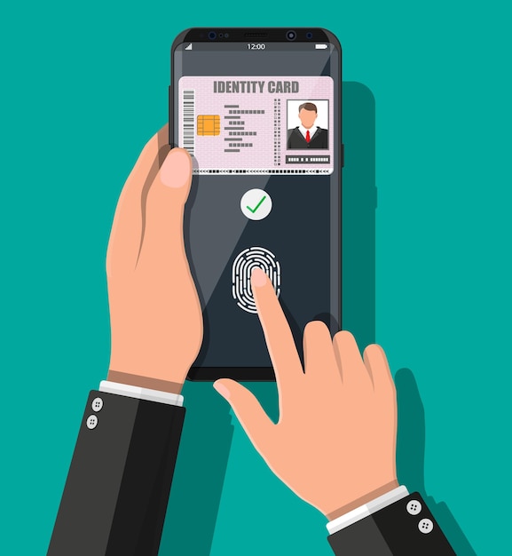 Password elettronica. autorizzazione di sicurezza con password e impronte digitali. mano con l'applicazione della carta d'identità dello smartphone. macchina per il controllo degli accessi, presenze. lettore di tessere di prossimità. illustrazione vettoriale piatta