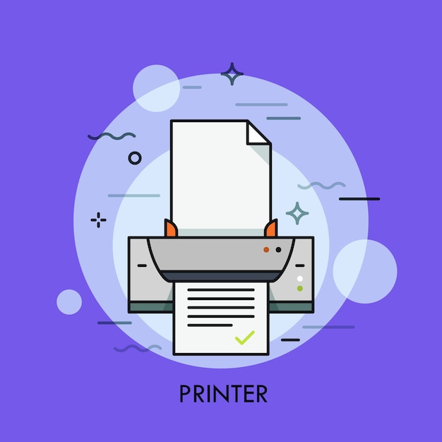 Электронный принтер, аппаратное устройство для репродукции бумажных документов или фотографий. концепция цифровой, матричной и струйной печати. красочные иллюстрации