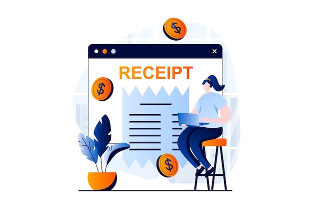 Electronic receipt concept with people scene in flat cartoon design Woman receives online payment tax form and paying invoice Banking and money transfer Vector illustration visual story for web