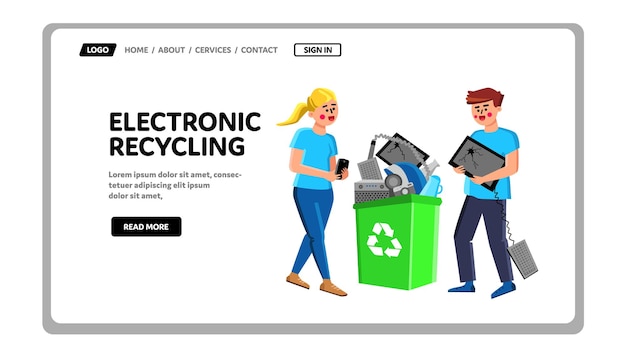ガジェットベクトルと電子リサイクルゴミ箱。壊れたデバイスを電子リサイクルバスケットに運ぶ男と女。損傷した電気機器のキャラクターWebフラット漫画イラスト