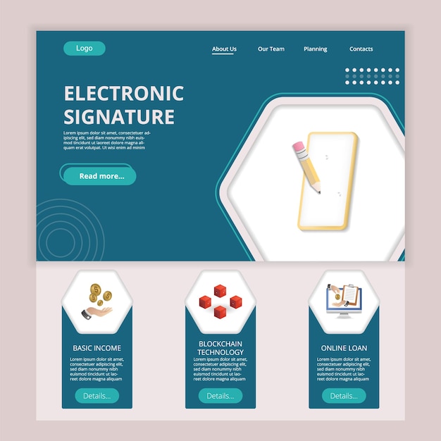 Vector electronic signature flat landing page website template