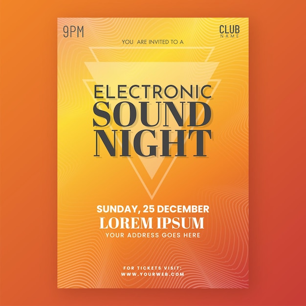 Electronic sound night flyer design met locatiedetails in oranje kleurverloop.
