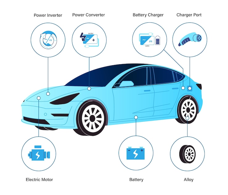 Vector electronic vehicle car spare parts from battery power inverter converter charging port electric
