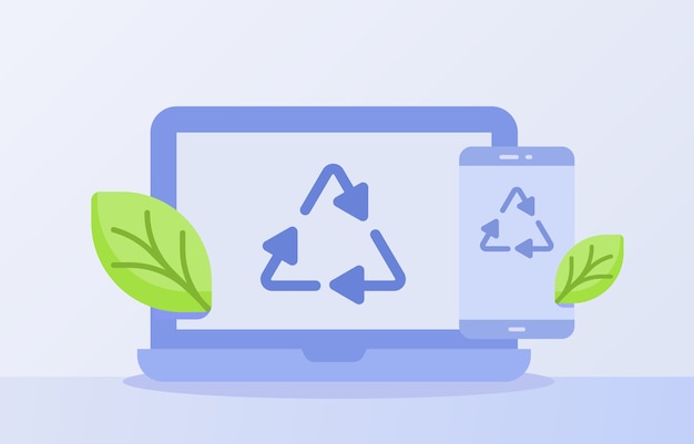 Electronic waste recycling concept recycle icon triangle on display laptop smartphone screen white isolated background