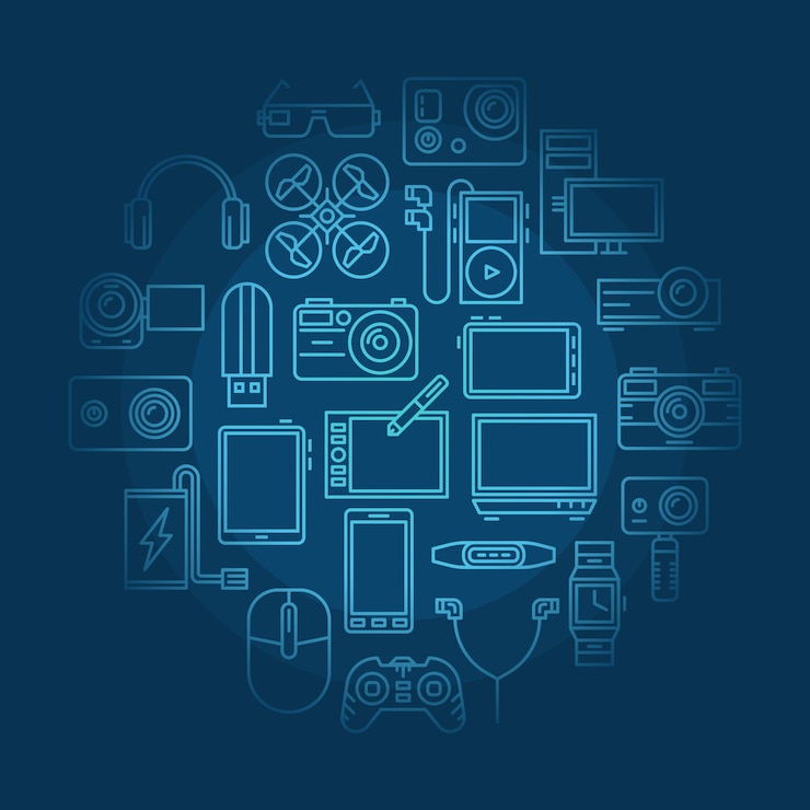 Vector electronics and gadgets vector concept round illustration in thin line style