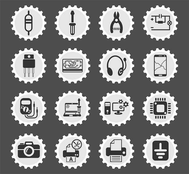 Electronics repair symbols on a round postage stamp stylized icons