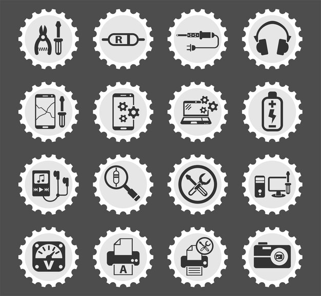 Vector electronics repair symbols on a round postage stamp stylized icons