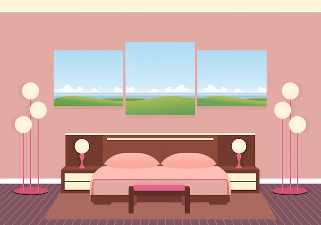 Vector elegance bedroom interior with furniture, lamps and composite picture. flat vector illustration