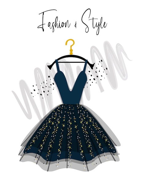 A elegance black dress on hanger fashion illustration