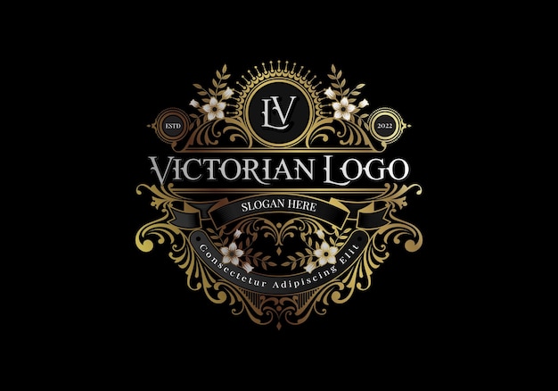 Элегантный черно-золотой викторианский шаблон логотипа с орнаментом из цветов и листьев