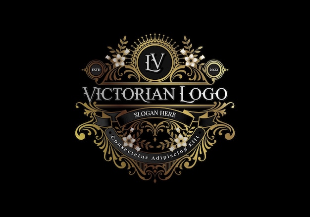 Eleganza modello logo vittoriano nero e oro con fiori e foglie ornamento