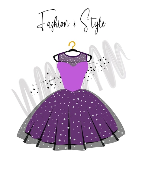 A elegance purple and black dress on hanger fashion illustration