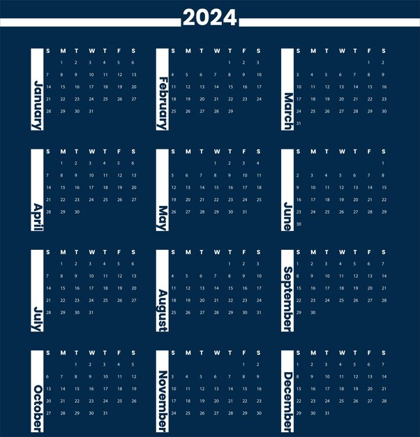 Vettore elegante calendario da parete del 2024 modello blu un disegno a pagina intera