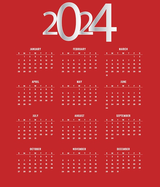 Vettore elegante modello rosso del calendario da parete 2024 un vettore di progettazione a pagina intera