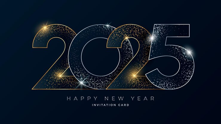 Elegant 2025 New Year invitation card design with glittering gold and silver numbers