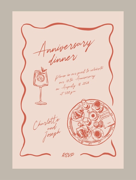 Elegante modello di menu per la cena di anniversario con illustrazioni di cibo e bevande