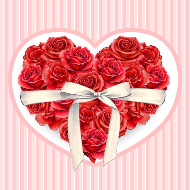 Vector elegant aquarel hartvormig rozenkussen met zijden strik