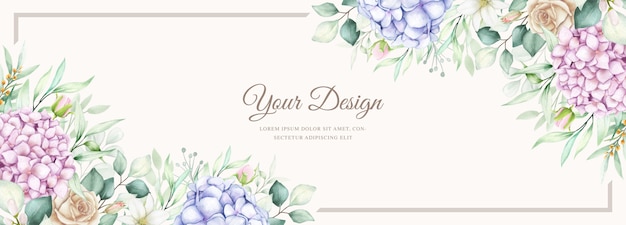 Banner elegante con fiori di ortensia dell'acquerello