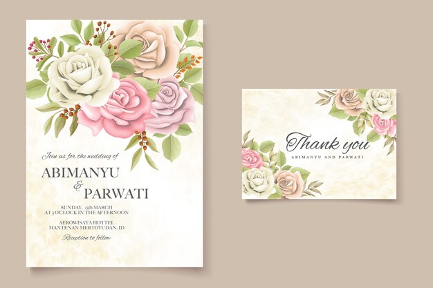 エレガントで美しい柔らかい花と結婚式の招待状を残します