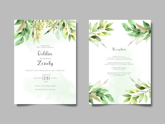 elegant and beautiful wild leaves watercolor wedding invitation cards