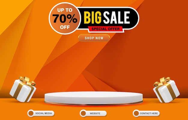 Elegant big sale discount template banner with blank space podium for product with abstract gradient orange background design