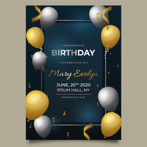 Elegante carta di compleanno con palloncini realistici