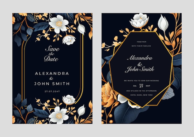 Elegant black and gold floral watercolor wedding invitation card set