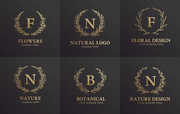 Elegante nero e oro disegnato a mano floreale botanico logo illustrazione design impostato per la bellezza naturale marchio biologico