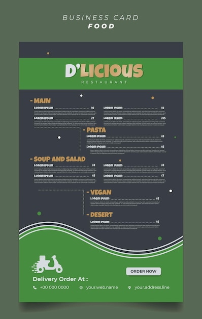 Elegante design nero e verde per il menu del ristorante