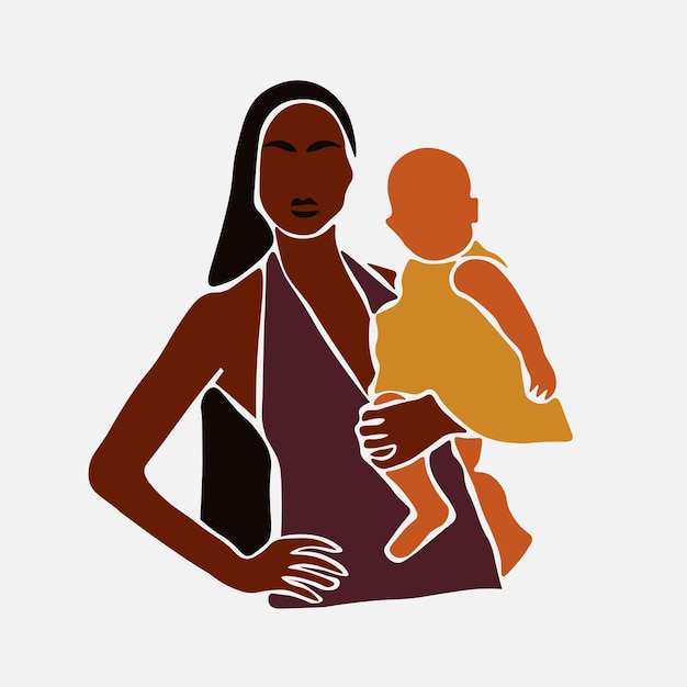 Elegant black mother carrying daughter in line art style vector