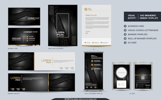 Элегантный черный макет канцелярских принадлежностей и визуальная идентификация бренда с абстрактным перекрывающимся фоном слоев Векторная иллюстрация макет для брендинга обложки продукта баннер события веб-сайт