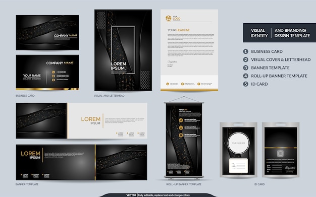 エレガントな黒のひな形のモックアップ セットと抽象的なオーバーラップ レイヤーの背景を持つ視覚的なブランド アイデンティティ ベクトル イラスト ブランディング カバー カード製品イベント バナー ウェブサイト用にモックアップ