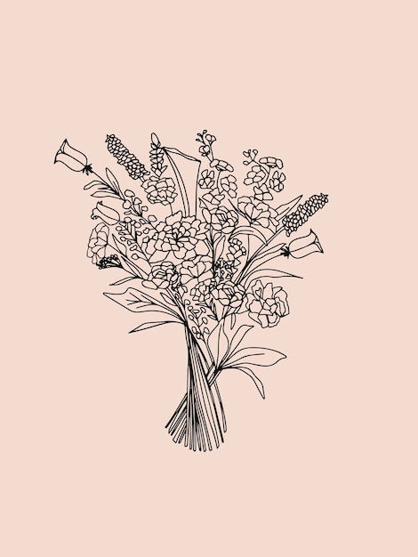 Elegant bloemenboeket in trendy lijnkunststijl Esthetische botanische elementillustratie