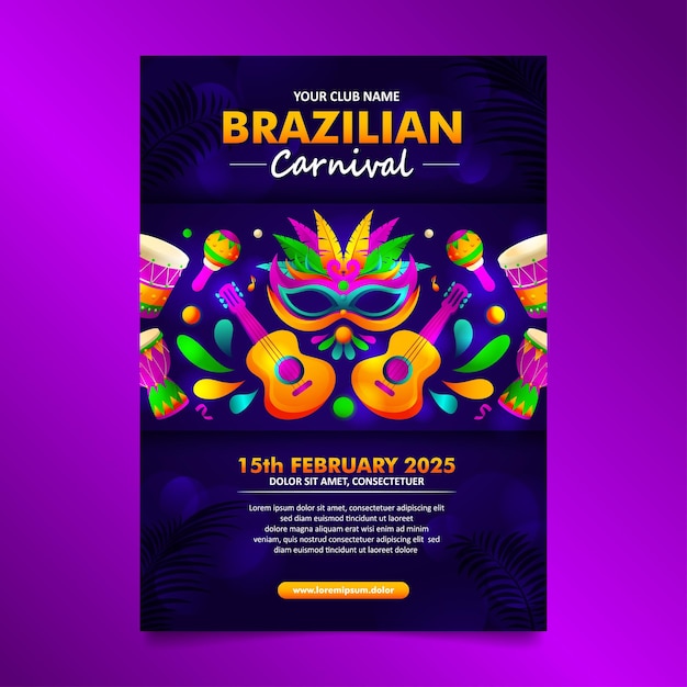 Elegant Blue Brazilian carnival Flyer with colorful  Batucada Drum, guitar, mask and more elements