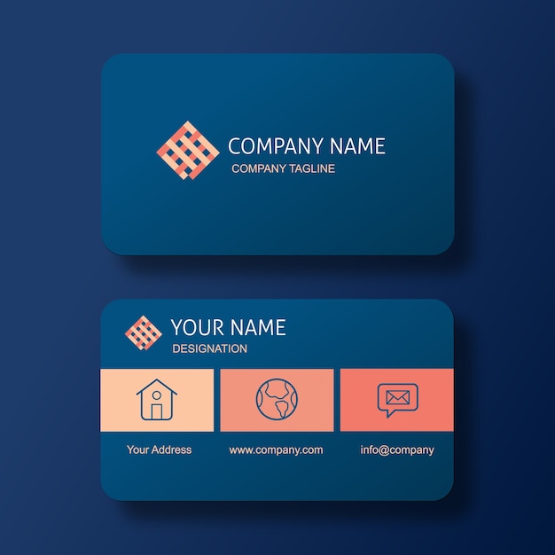 Elegant blue business card with square weave pattern logo.