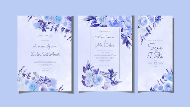 Элегантный шаблон приглашения на свадьбу с синими цветочными цветами